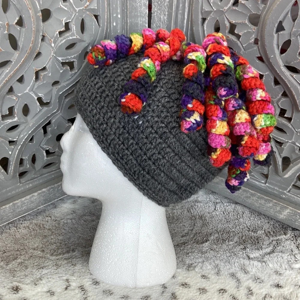 Handmade knit beanie boys girls OS rainbow ponytail curls unique Kidcore winter